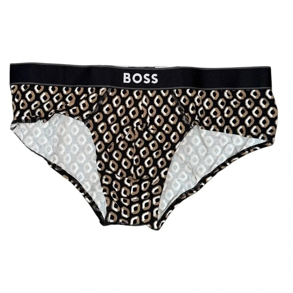 Hugo Boss Mens Large Cotton Briefs Size Large Black‎ and Brown Geo Pattern New